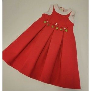 Rare Red Pleated Cora Dress Fully Lined Applique Flowers Scalloped Trim SZ 4-5